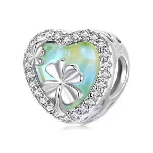 (image pour) Charm Pandora Style Trèfle à Quatre Feuilles en Argent 925 avec Zirconia et Verre, Plaqué Platine - BSC1144