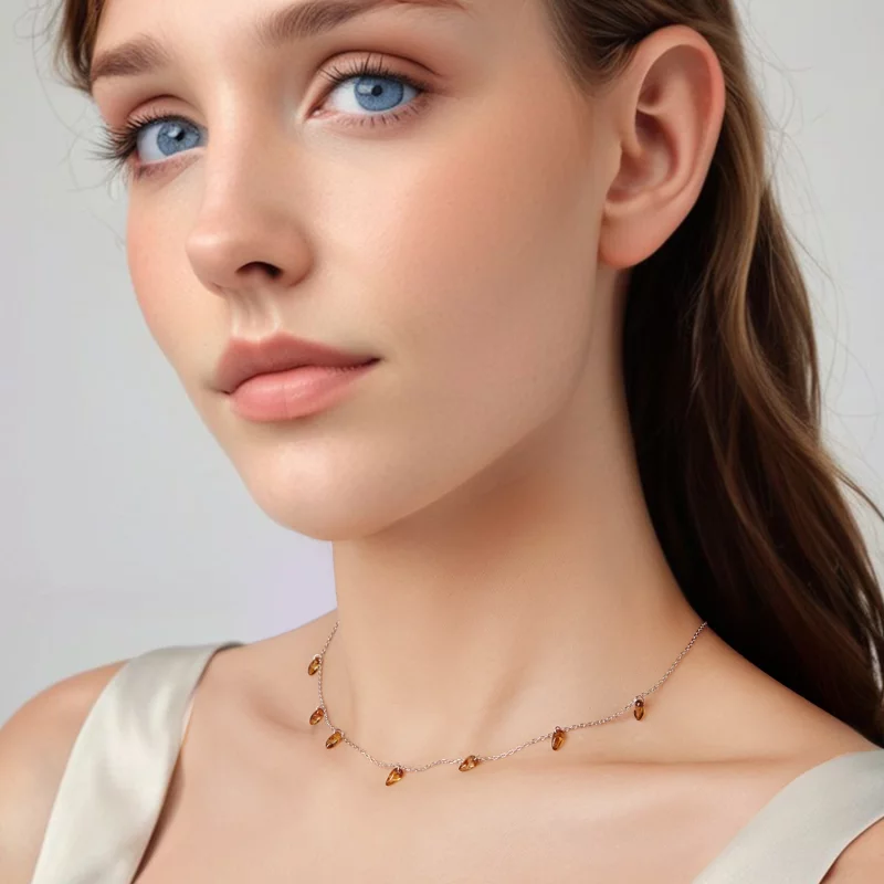 (image pour) Pandora Style Collier Pampille Ambre en Argent 925 avec Verre et Placage Platine - Afficher 5