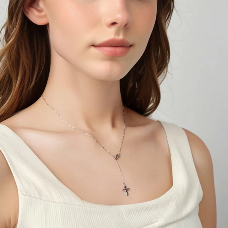 (image pour) Pandora Style Collier Y Croix de Foi Éternelle en Argent 925 plaqué Platine - BS - Afficher 4