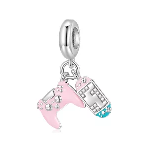 (image pour) Pendent Charmant de Jeu Pandora Style en Argent 925 - Manette de Jeu en Émail Rose et Console Portable Tetris - SCC3098