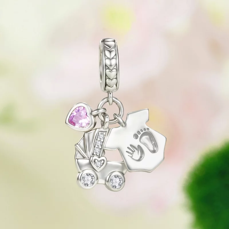 (image pour) Pandora Style 925 Argent Sterling Oxydé Pendentif Triple Charm Bébé avec Zirconi - Afficher 2