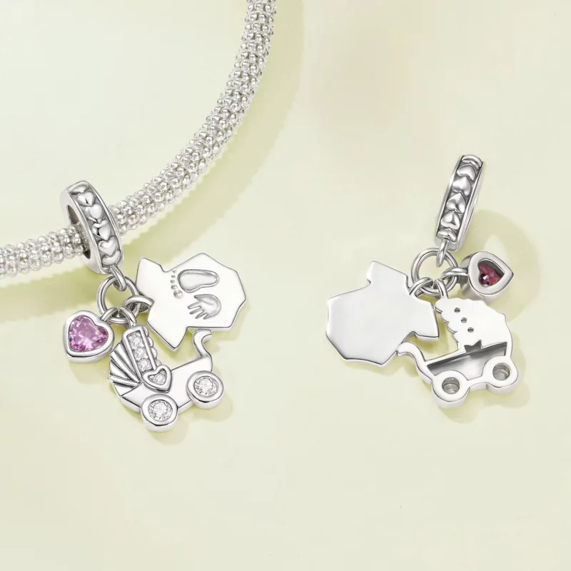 (image pour) Pandora Style 925 Argent Sterling Oxydé Pendentif Triple Charm Bébé avec Zirconi - Afficher 5