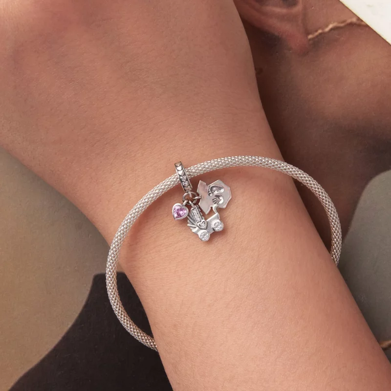 (image pour) Pandora Style 925 Argent Sterling Oxydé Pendentif Triple Charm Bébé avec Zirconi - Afficher 6