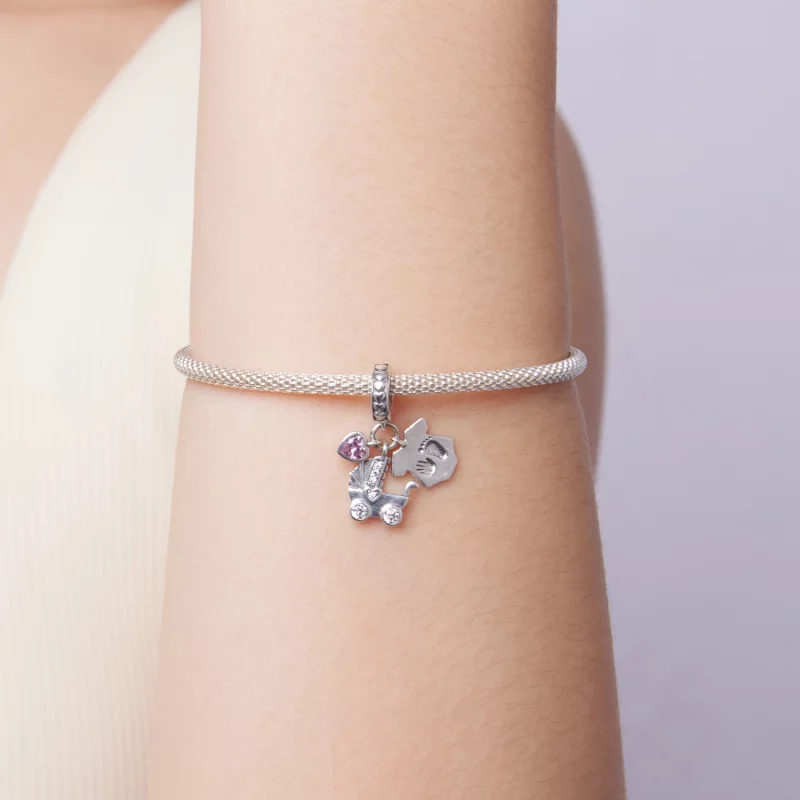 (image pour) Pandora Style 925 Argent Sterling Oxydé Pendentif Triple Charm Bébé avec Zirconi - Afficher 7