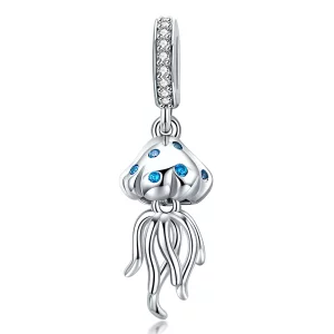 (image pour) Pendicule Méduse Pandora en Argent 925 Plaqué Or Blanc - Charme Océan en Zirconia Bleu - SCC1297