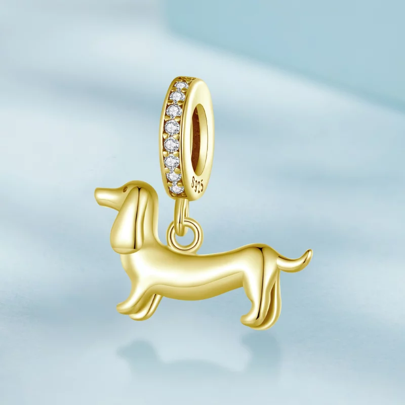 (image pour) Pendent Pandora Style Dachshund en Argent 925 plaqué or - Charme Chien Saucisse - Afficher 2