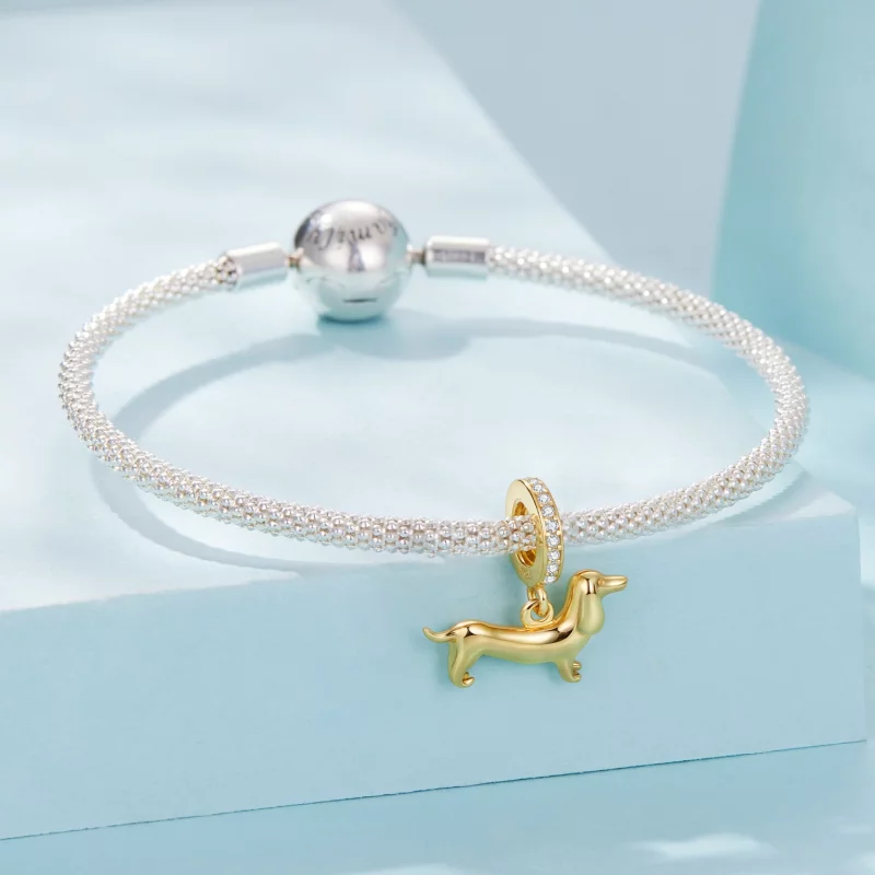 (image pour) Pendent Pandora Style Dachshund en Argent 925 plaqué or - Charme Chien Saucisse - Afficher 3
