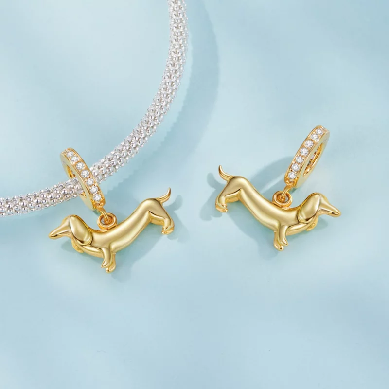 (image pour) Pendent Pandora Style Dachshund en Argent 925 plaqué or - Charme Chien Saucisse - Afficher 4