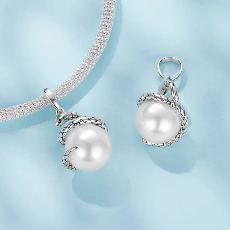 (image pour) Pendentif Serpent Pandora Style en Argent 925 Oxydé - Charme Serpent Zirconium e - Afficher 4