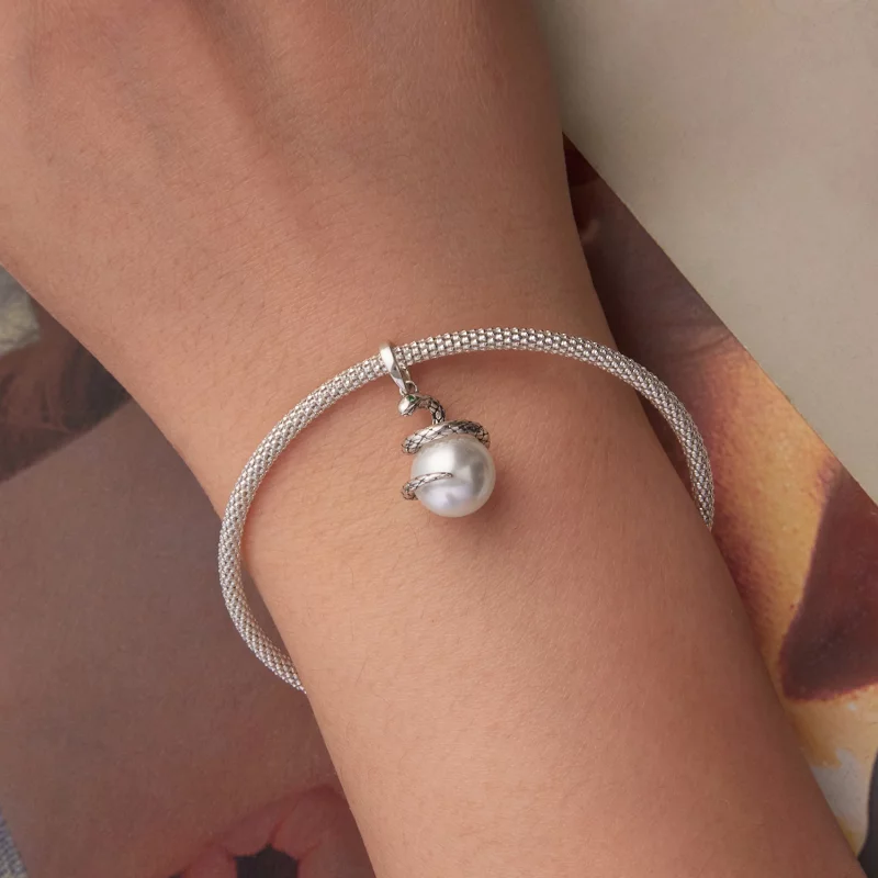 (image pour) Pendentif Serpent Pandora Style en Argent 925 Oxydé - Charme Serpent Zirconium e - Afficher 5