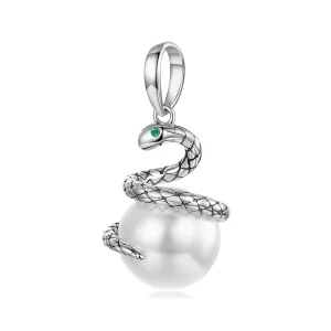 (image pour) Pendentif Serpent Pandora Style en Argent 925 Oxydé - Charme Serpent Zirconium et Perle - SCC3096