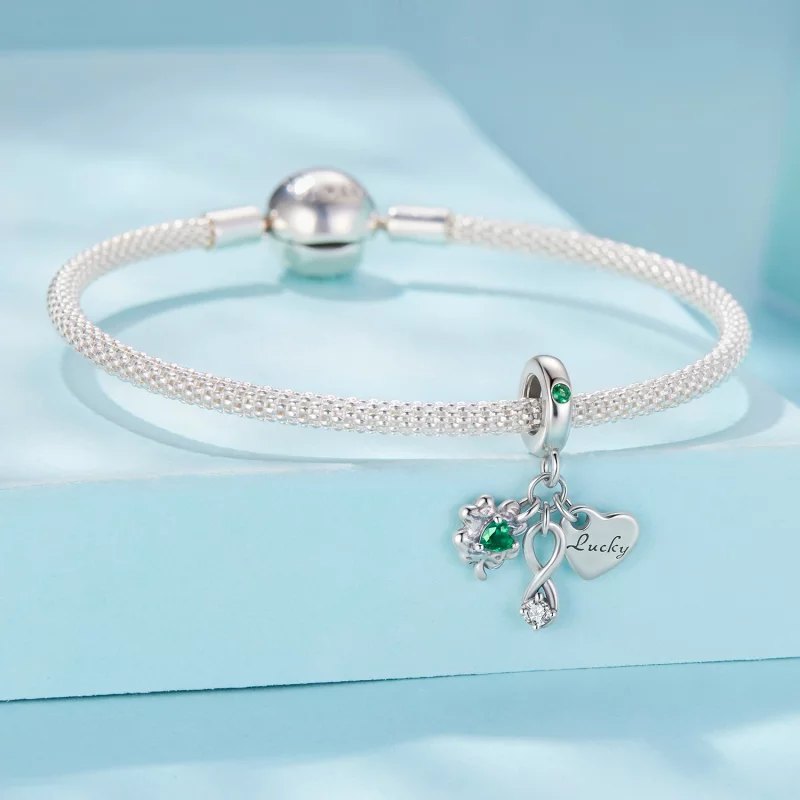(image pour) Pendent Pandora Style Trèfle à Quatre Feuilles Oxydé en Argent 925 avec Zirconiu - Afficher 3