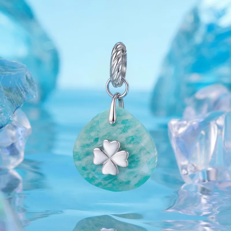 (image pour) Pendue Trèfle à Quatre Feuilles en Amazonite en Argent 925 Plaqué Platine Pandor - Afficher 2