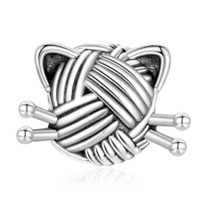 (image pour) Perle Pandora Style en Argent 925 Oxydé avec Chat et Pelote de Laine - Charme Tricot Chat - SCC3097