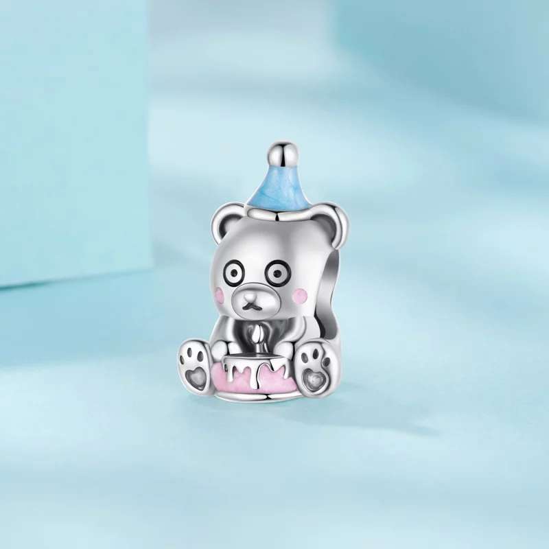 (image pour) Perle Pandora Style Ours Gâteau d'Anniversaire en Argent 925 Oxydé avec Émail - - Afficher 2