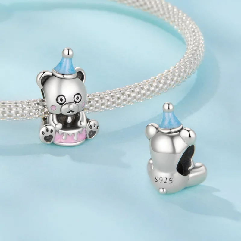 (image pour) Perle Pandora Style Ours Gâteau d'Anniversaire en Argent 925 Oxydé avec Émail - - Afficher 4