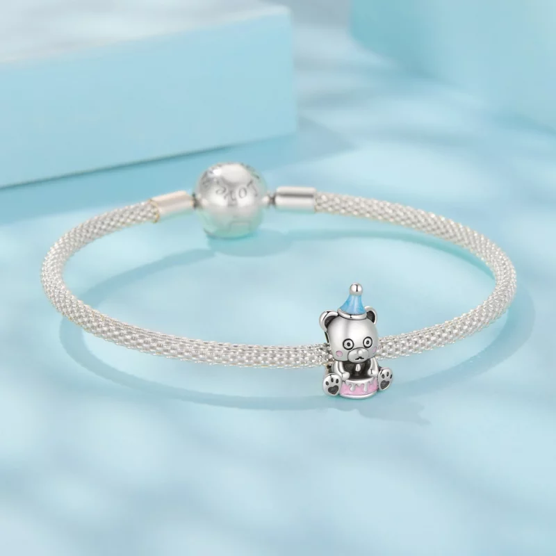 (image pour) Perle Pandora Style Ours Gâteau d'Anniversaire en Argent 925 Oxydé avec Émail - - Afficher 5