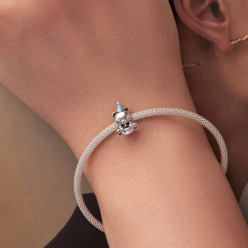 (image pour) Perle Pandora Style Ours Gâteau d'Anniversaire en Argent 925 Oxydé avec Émail - - Afficher 6