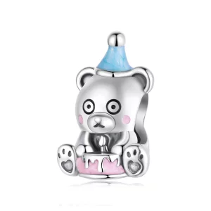 (image pour) Perle Pandora Style Ours Gâteau d'Anniversaire en Argent 925 Oxydé avec Émail - SCC3120