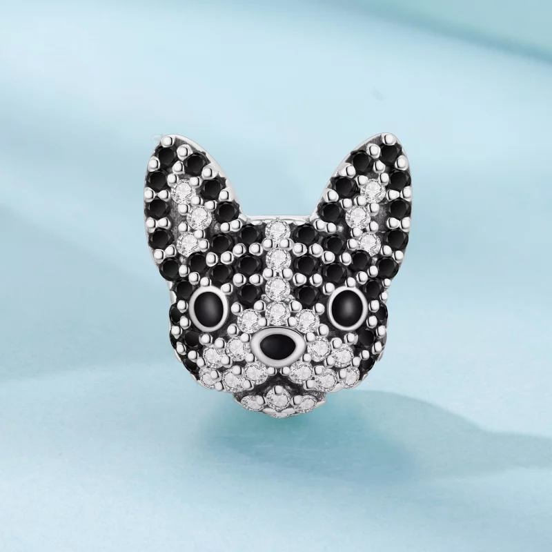 (image pour) Perle Pandora Style Boston Terrier en argent 925 oxydé avec émail et zirconium - - Afficher 2