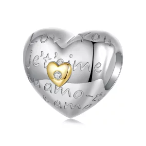 Perle Pandora Style "Je t'aime" en argent 925 avec zirconium cubique - Charme plaqué platine et or - BSC1135 (image pour) Perle Pandora Style "Je t'aime" en argent 925 avec zirconium cubique - Charme plaqué platine et or - BSC1135