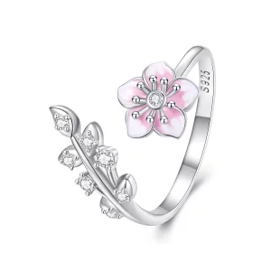 Bague ouverte de style Pandora avec des fleurs de cerisier - BSR438 (image pour) Bague ouverte de style Pandora avec des fleurs de cerisier - BSR438