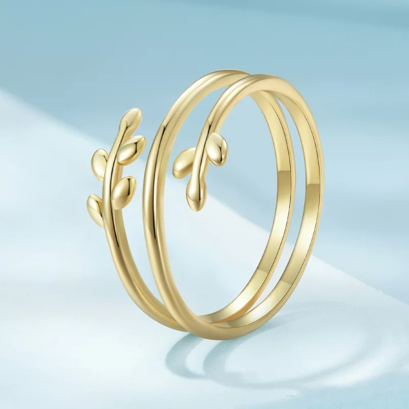 (image pour) Bague ouverte en plaqué or de style Pandora avec des cercles de feuilles - SCR75 - Afficher 2
