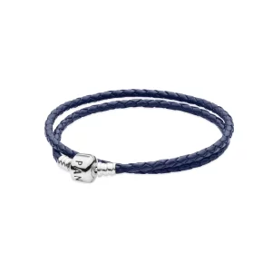 (image pour) PANDORA - Double Bracelet Tressé en Cuir - Bleu nuit - 590705CDB-D