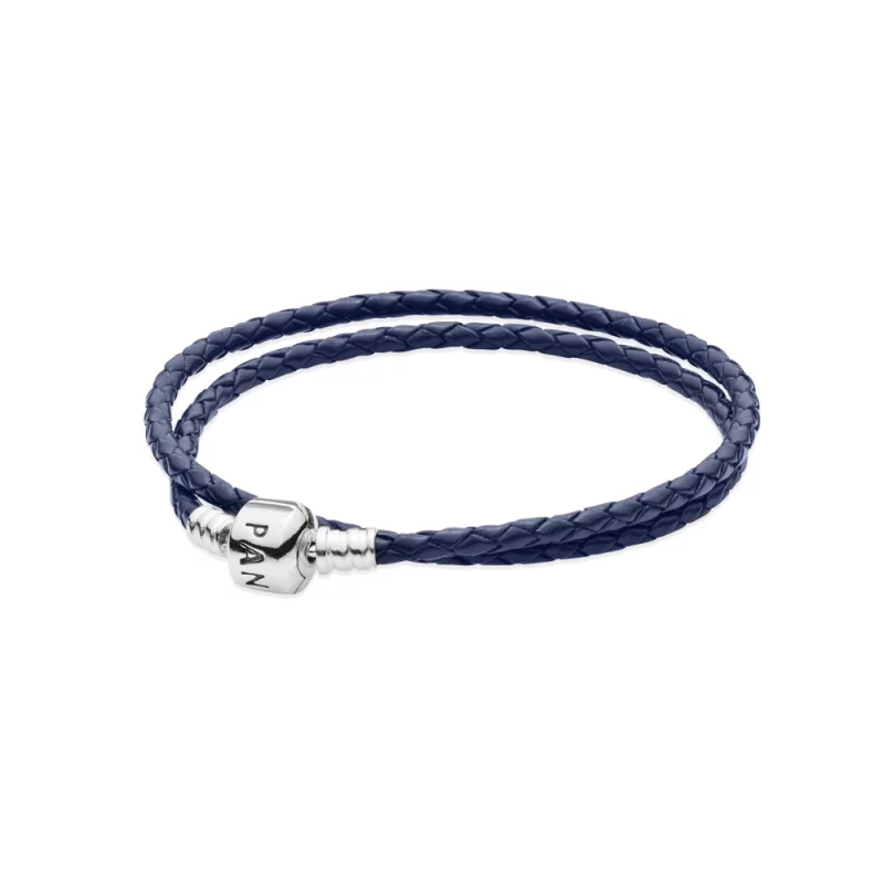 (image pour) PANDORA - Double Bracelet Tressé en Cuir - Bleu nuit - 590705CDB-D