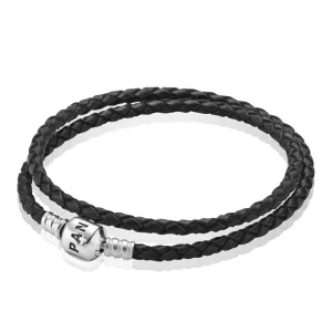 (image pour) PANDORA - Double Bracelet Tressé en Cuir - Noir - 590705CBK-D