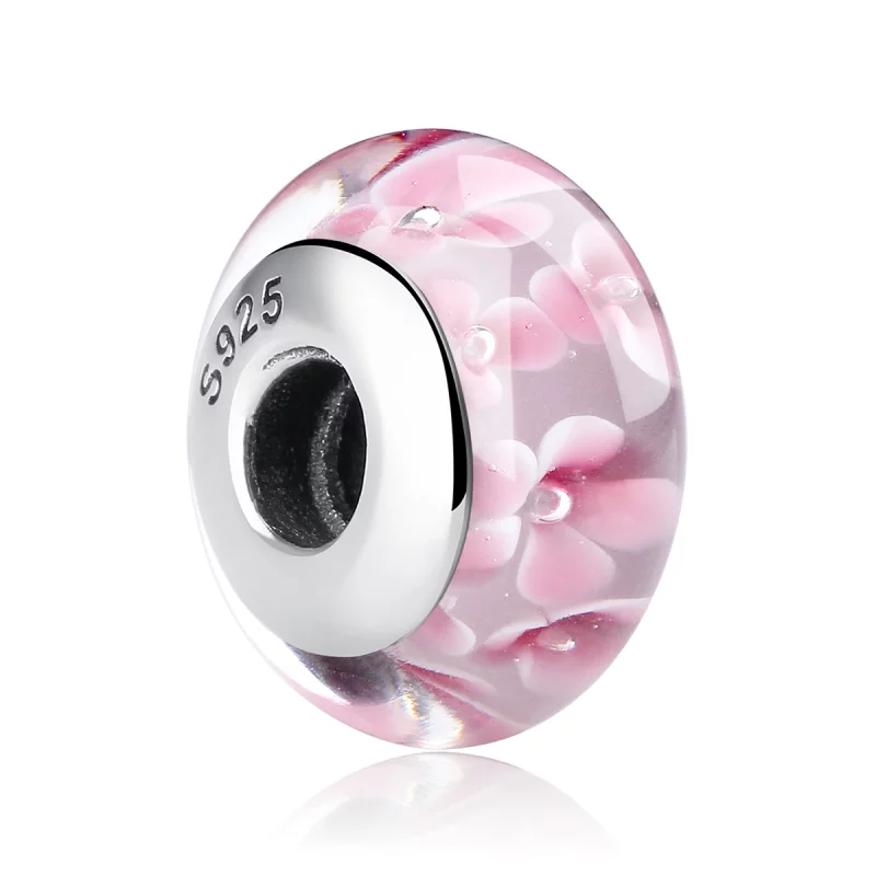 (image pour) Charm en verre de Murano avec des fleurs roses de style Pandora - SCZ008 - Afficher 2