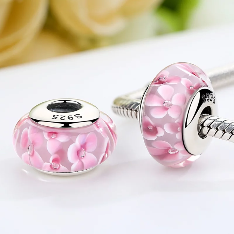 (image pour) Charm en verre de Murano avec des fleurs roses de style Pandora - SCZ008 - Afficher 3