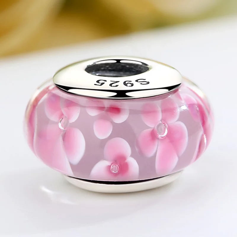 (image pour) Charm en verre de Murano avec des fleurs roses de style Pandora - SCZ008 - Afficher 4