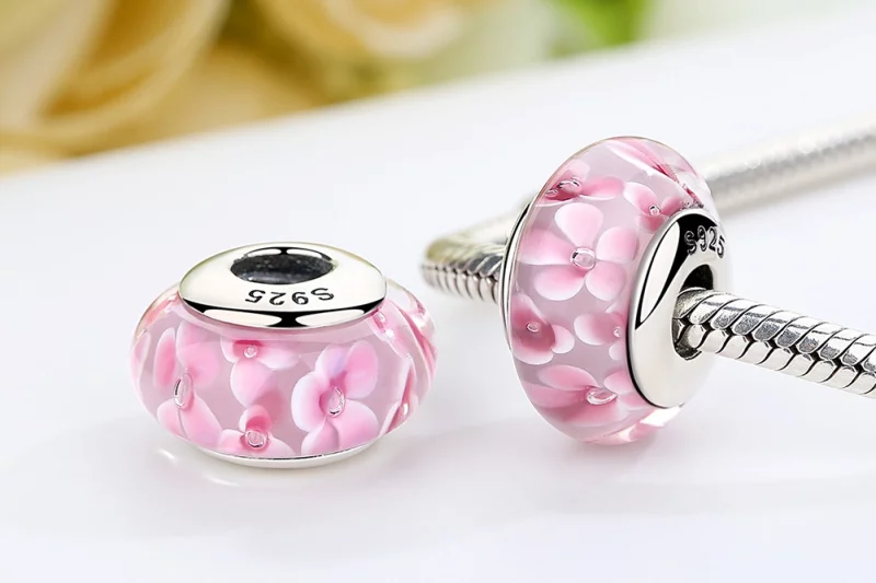 (image pour) Charm en verre de Murano avec des fleurs roses de style Pandora - SCZ008 - Afficher 7