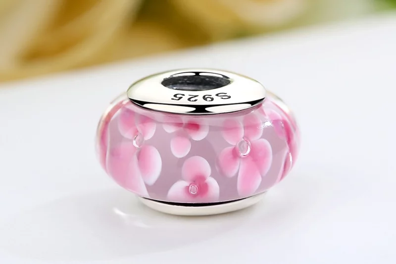 (image pour) Charm en verre de Murano avec des fleurs roses de style Pandora - SCZ008 - Afficher 8