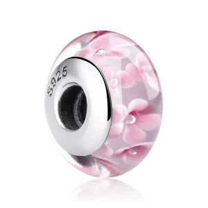 Charm en verre de Murano avec des fleurs roses de style Pandora - SCZ008 (image pour) Charm en verre de Murano avec des fleurs roses de style Pandora - SCZ008