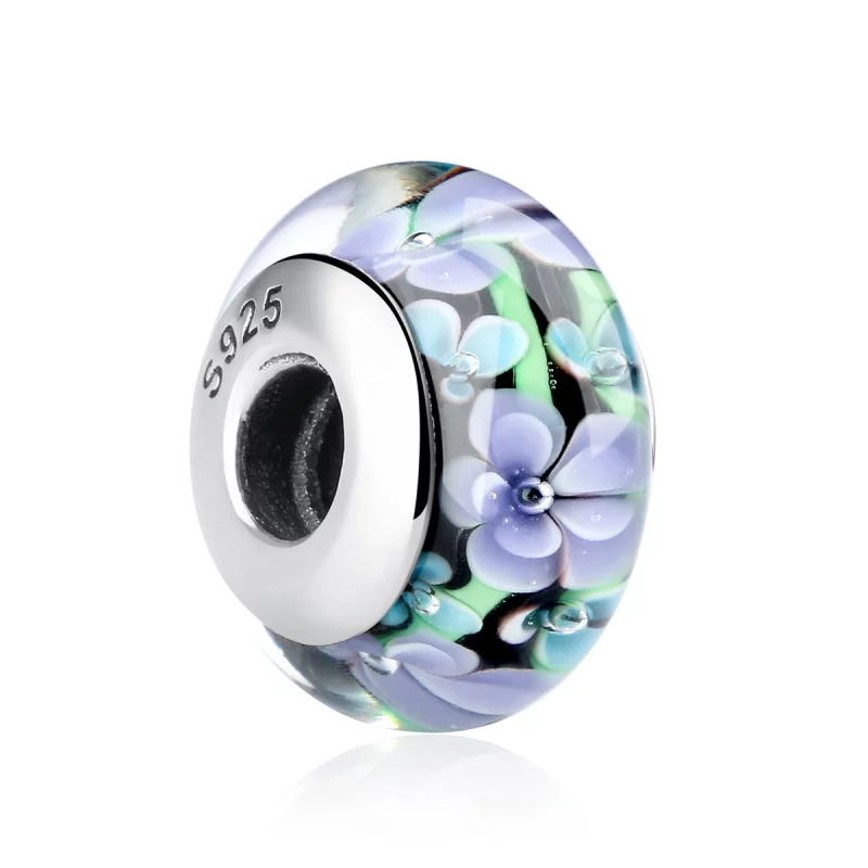 (image pour) Charm en verre de Murano avec des fleurs violettes de style Pandora - SCZ009 - Afficher 2
