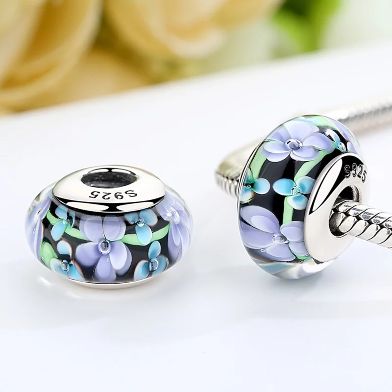 (image pour) Charm en verre de Murano avec des fleurs violettes de style Pandora - SCZ009 - Afficher 3