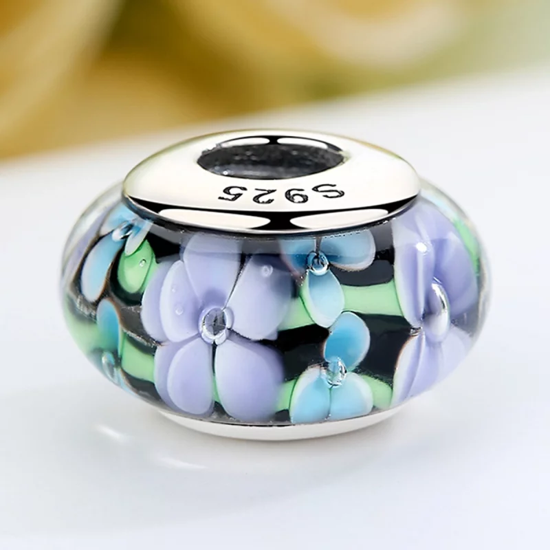 (image pour) Charm en verre de Murano avec des fleurs violettes de style Pandora - SCZ009 - Afficher 4