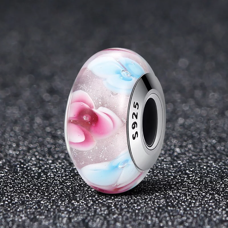 (image pour) Charm en verre de Murano à fleurs roses de style Pandora - SCZ056 - Afficher 2