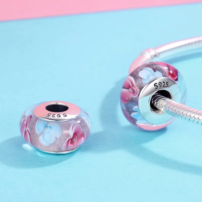 (image pour) Charm en verre de Murano à fleurs roses de style Pandora - SCZ056 - Afficher 4