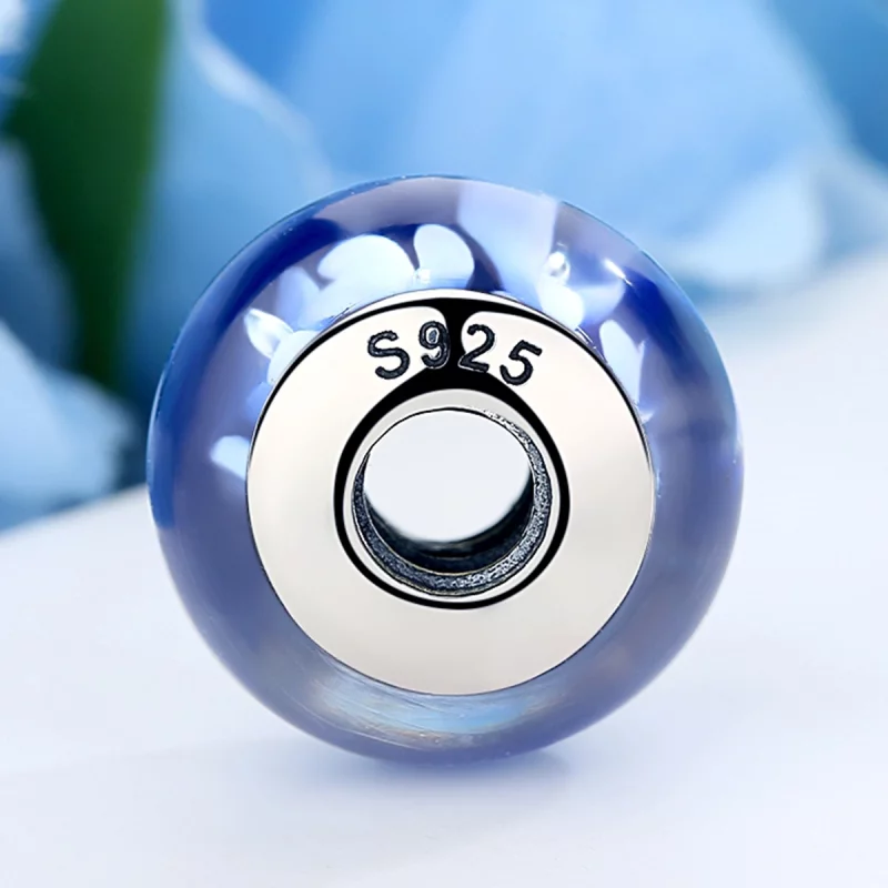 (image pour) Charm Pandora Style en verre de Murano bleu avec des fleurs blanches - SCZ006 - Afficher 3