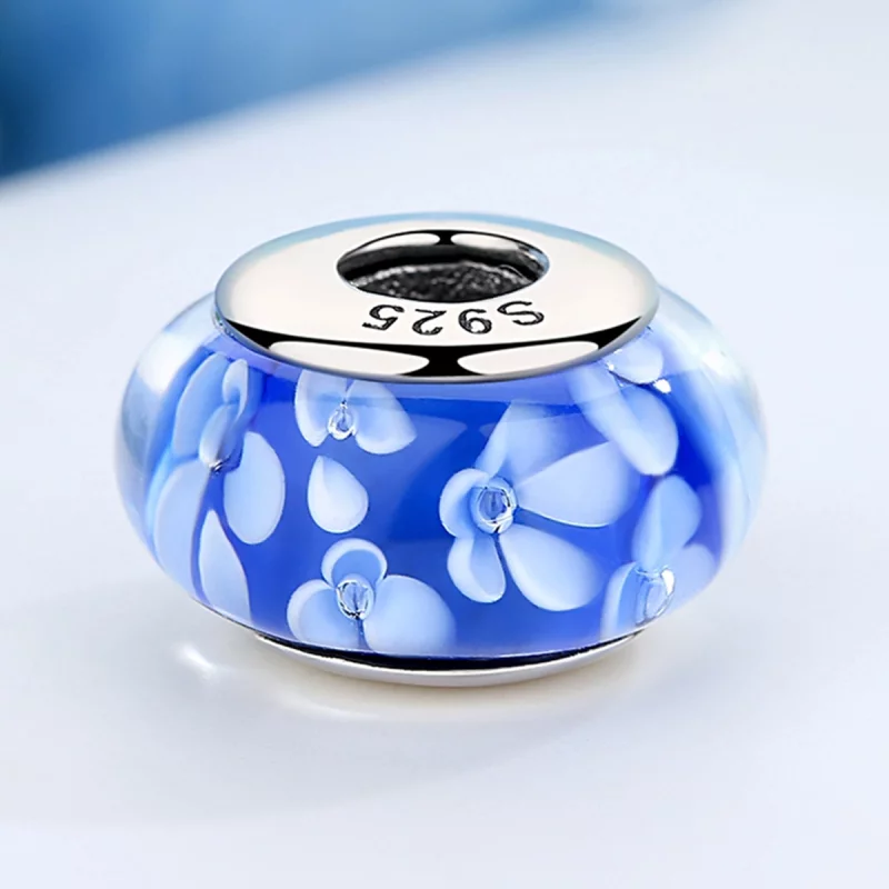 (image pour) Charm Pandora Style en verre de Murano bleu avec des fleurs blanches - SCZ006 - Afficher 5