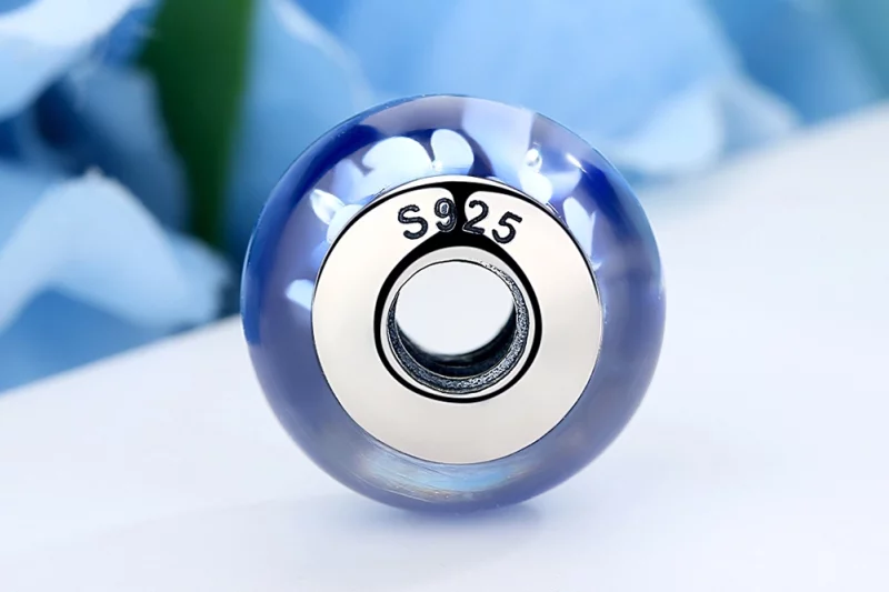 (image pour) Charm Pandora Style en verre de Murano bleu avec des fleurs blanches - SCZ006 - Afficher 7