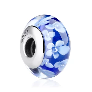 Charm Pandora Style en verre de Murano bleu avec des fleurs blanches - SCZ006 (image pour) Charm Pandora Style en verre de Murano bleu avec des fleurs blanches - SCZ006