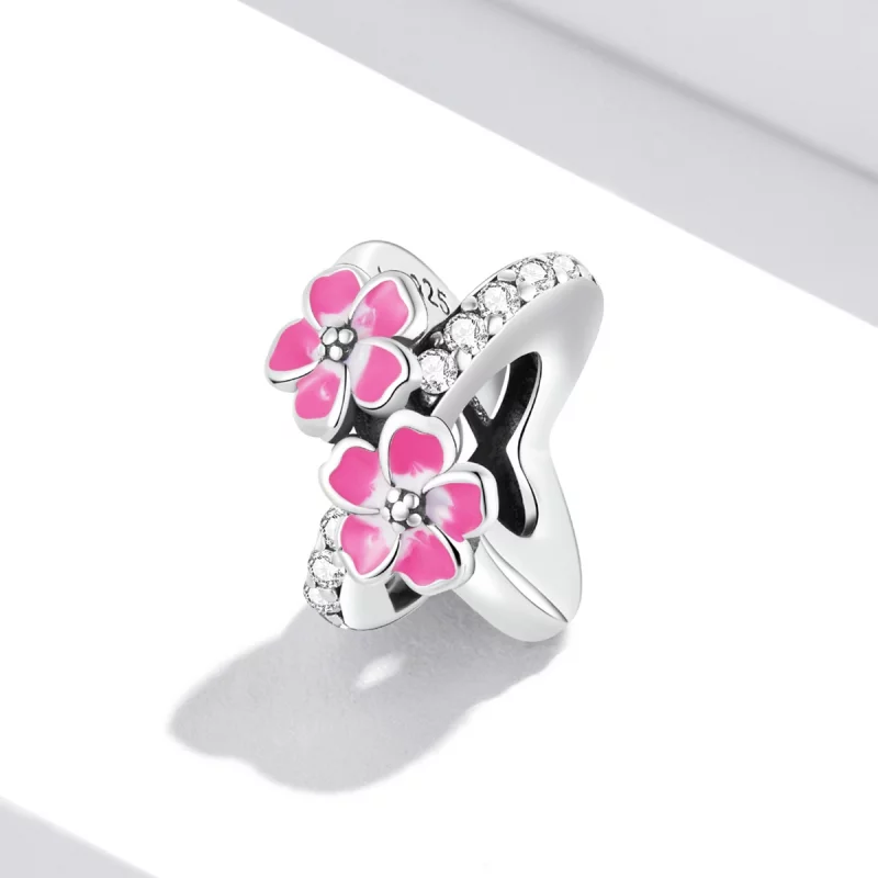 (image pour) Charme d'espacement Pandora Style avec des fleurs roses - SCC2139 - Afficher 2