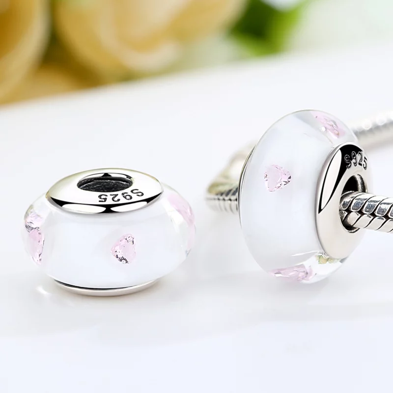 (image pour) Charme en verre de Murano blanc de style Pandora avec des pierres roses - SCZ004 - Afficher 3