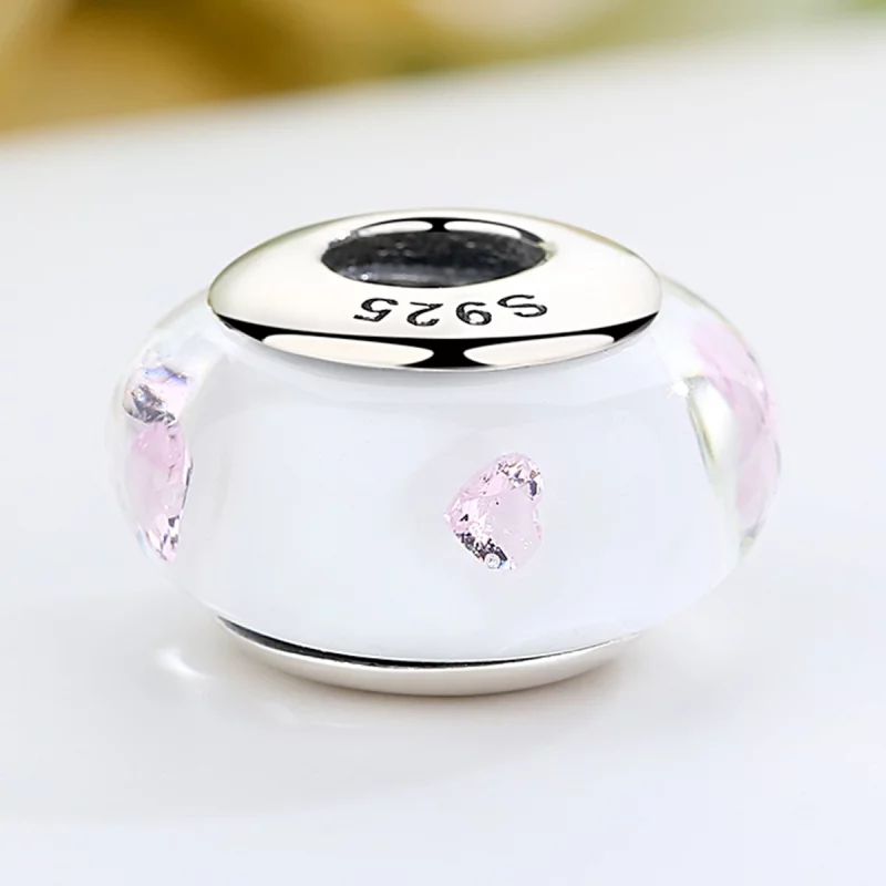 (image pour) Charme en verre de Murano blanc de style Pandora avec des pierres roses - SCZ004 - Afficher 4