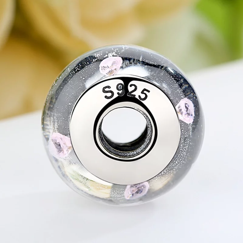 (image pour) Charme en verre de Murano blanc de style Pandora avec des pierres roses - SCZ004 - Afficher 5