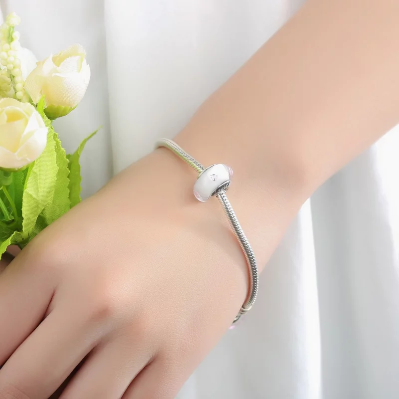 (image pour) Charme en verre de Murano blanc de style Pandora avec des pierres roses - SCZ004 - Afficher 6